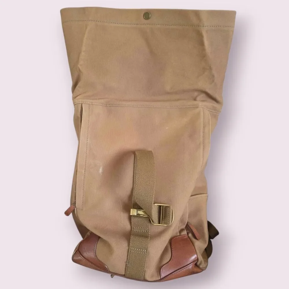 Orvis Canvas Roll Top Backpack Leather Trim Plaid Lining Tan Brown Heritage EUC